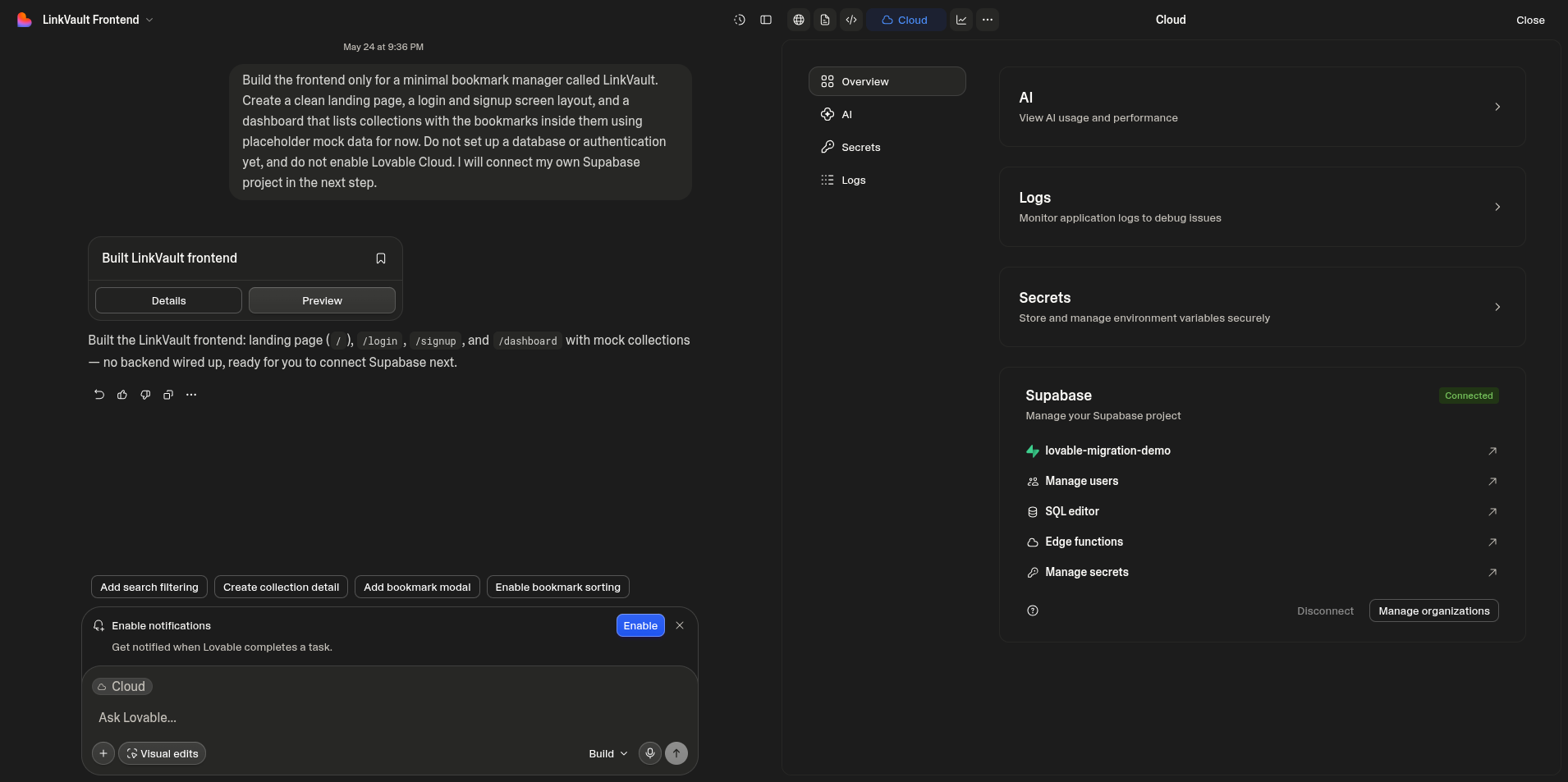 Lovable editor showing the Cloud panel with Supabase connected to a bring-your-own project